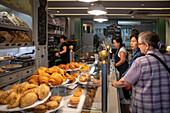 Bakery in the city center of Palma de Mallorca. Ensaimada typical from Mallorca Majorca bakery in balearic islands.