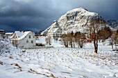 Schneelandschaft im Norwegischen Fischerdorfmuseum Å in Svolvaer auf den Lofoten in Norwegen