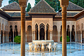 Alhambra Palace, Court of the Lions, lion fountain panorama, Granada, Andalusia Spain Europe.