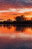 Farbenfroher Himmel bei Sonnenuntergang, der sich im Green River bei Jensen, Utah, spiegelt