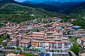 Aerial view of La Pobla de Lillet village on a summer day in Berguedà, Barcelona province, Catalonia, Spain