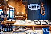Sjømat seafood fish shop in Sakrisøy near Reine, Moskenesøya, Lofoten, Nordland, Norway, Scandinavia