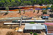 Old touristic train used for tourist trip through the Rio Tinto mining area, Huelva province, Spain.