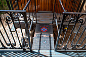 No stop sign between two wagons in the tren de Soller train vintage historic train that connects Palma de Mallorca to Soller, Majorca, Balearic Islands, Spain, Mediterranean, Europe.