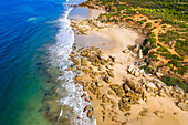 Aerial view of Calas de roche beach in Conil de la Frontera, Cadiz province, Costa de la luz, Andalusia, Spain. Cala del Pato.