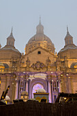 Cathedral-Basilica of Our Lady of the Pillar covered in fog as temperatures go down in Zaragoza, Spain