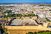 Aerial view of Alcazar del Rey Don Perdro in the old town of Carmona Seville Andalusia South of Spain.