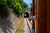 Landscape from the window of tren de Soller train vintage historic train that connects Palma de Mallorca to Soller, Majorca, Balearic Islands, Spain, Mediterranean, Europe.