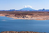 Lake Powell in the Glen Canyon National Recreation Area, Arizona. Navajo Mountain, center, & Tower Butte, right.