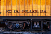Trade, sigh in the tren de Soller train vintage historic train that connects Palma de Mallorca to Soller, Majorca, Balearic Islands, Spain, Mediterranean, Europe.