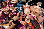 Souvenirs and mayan replicas in Tazumal Mayan Ruins, Located In Chalchuapa, El Salvador, Main Pyramid, Pre-Colombian Archeological Site, Most Important And Best Preserved Mayan Ruins In El Salvador, Tazumal Translates To 'The Place Where The Victims Were Burned', Department Of Santa Ana