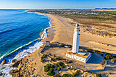 Aerial view of Caños de Meca Cape Trafalgar lighthouse, Barbate, Cadiz province, Region of Andalusia, Spain, Europe.