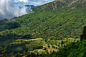 Anteojos de coatepeque, Complejo los volcanes, Cerro Verde National Park. The green valley and small houses in between the volcanoes of Santa Ana, Izalco and Cerro Verde, El Salvador