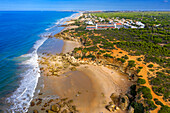 Aerial view of Calas de roche beach in Conil de la Frontera, Cadiz province, Costa de la luz, Andalusia, Spain.