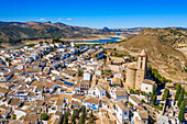 Aerial view of Iznajar village town reservoir and cemetry in Cordoba province, Andalusia, southern Spain.