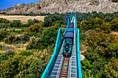 Aerial view, green bridge, puente verde, Jarama river, El Tren de Arganda train or Tren de la Poveda train in Rivas Vaciamadrid, Madrid, Spain.