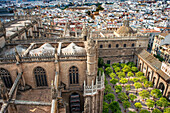 Skyline von Sevilla aus der Vogelperspektive von der Spitze der Kathedrale La Giralda der Heiligen Maria vom Meer, Kathedrale von Sevilla, Andalusien, Spanien