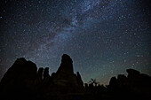 Eine Sternschnuppe und die Milchstraße über Sandsteintürmen im Needles District des Canyonlands National Park in Utah