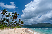 Palmen am Strand von Playa Bonita auf der Halbinsel Samana in der Dominikanischen Republik in der Nähe der Stadt Las Terrenas