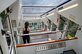 Santa Cova cable car railway train climbing up Santa Cova chapel on the mountain Montserrat in Monistrol de Montserrat, Barcelona, Catalonia, Spain