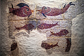 Fischmosaik aus dem IV. Jahrhundert im Inneren des Archäologischen Regionalmuseums von Madrid in Alcala de Henares, Provinz Madrid, Spanien