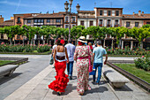 Tourists in Plaza Cervantes square in Alcala de Henares Madrid Spain