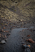 Volcan del Cuervo (Crow volcano) a crater explored by a loop trail in a barren, rock-strewn landscape