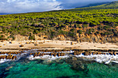 Aerial view of piscinas naturales de Bolonia natural pools, Bolonia, Costa de la Luz, Cadiz Province, Andalusia, southern Spain. Bolonia beach. Playa de Bolonia.