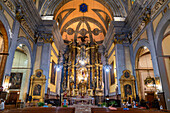 Altar of the church of St. Bartholomew, Roman Catholic parish church, Plaza de sa Constitucio, Sóller, Serra de Tramuntana, Majorca.