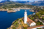 Aerial view of Faro del Cap Gros Lighthouse, Port de Soller, Mallorca, Balearic Islands, Spain, Europe.