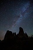 The Milky Way over sandstone towers in the Needles District of Canyonlands National Park in Utah.