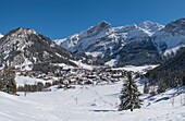 France, Savoie, Massif de la Vanoise, Pralognan La Vanoise, National Park, Panoramic view of the summit of the Mey's ski lift with Mount Bochor, Grand Marchet