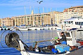 Frankreich, Bouches du Rhone, Marseille, Vieux Port, Pointu (traditionelle Fischerboote) auf dem Rückweg vom Fischfang