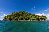 Martinique, Caribbean Sea, Trois Ilets, Woodpecker Island is an uninhabited island that is part of the Conservatoire du Littoral, in the foreground the remains of a pontoon, a small motorboat anchored in front of the small sandy beach