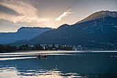 France, Haute Savoie, Annecy, sunrise on the platform of the Garden of Europe with Mount Veyrier and Parmelan