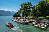 Frankreich, Haute Savoie, Annecy, Bootsvermietung am Napoleon III Steg der Gärten Europas, der See und der Berg von Tournette, Start eines Kreuzfahrtschiffes