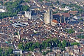France, Yonne, city of Sens, The city hall and the cathedral Saint Etienne (aerial view)