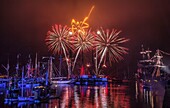 France, Finistere, Douarnenez, Festival Maritime Temps Fête, Fireworks on the port of Rosmeur