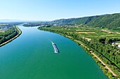 Frankreich, Ardeche, Glun, Schifffahrt auf der Rhone, flussabwärts von Tournon sur Rhone (Luftaufnahme)