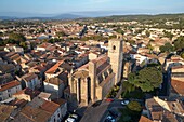France, Aude, Lézignan-Les-Corbières, the village and the church Saint-Félix, aerial view