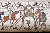 France, Calvados, Bayeux, Tapestry Museum, Bayeux Tapestry, listed as World Heritage by UNESCO, Queen Mathilde Tapestry telling the story of England's invasion by William the Conqueror , the scenes of the Bayeux Tapestry are embroidered with woollen threads on a linen canvas