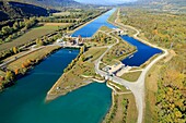 France, Ain, Anglefort, Central and Locks of Chautagne on the Canal du Rhone (aerial view)