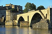 France, Vaucluse, Avignon, the Saint Benezet bridge (XII century) on the Rhone and the Pope's Palais (XIV) listed as World Heritage by UNESCO