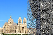 France, Bouches du Rhone, Marseille (2nd district), Cathedral of the Major (Sainte Marie Majeure) seen from the MUCEM (Museum of Civilizations of Europe and the Mediterranean)