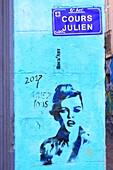 France, Bouches du Rhone, Marseille, Cours Julien (6th district), street sign and street art