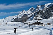 France, Haute Savoie, massif des Aravis, over the Clusaz cross country ski trails on the northern domain of the hamlet of Confins