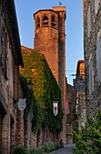 France, Tarn, Cordes sur Ciel, medieval street Saint Michel, bell tower of the Saint Michel church 13th, 14th, 15th centuries
