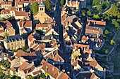 France, Yonne, Parc Naturel Regional du Morvan (Regional Natural Park of Morvan), Vezelay, labelled Les Plus Beaux Villages de France (The Most Beautiful Villages of France), Vezelay church and hill listed as World Heritage by UNESCO, Sainte Madeleine Basilica (aerial view)