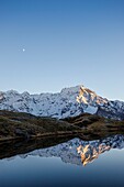 France, Hautes Alpes, national park of Ecrins, valley of Valgaudemar, La Chapelle en Valgaudémar, reflection of Sirac (3441m) on the lake of Lauzon (2008m)