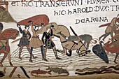 France, Calvados, Bayeux, Tapestry Museum, Bayeux Tapestry, listed as World Heritage by UNESCO, Queen Mathilde Tapestry telling the story of England's invasion by William the Conqueror , the scenes of the Bayeux Tapestry are embroidered with woollen threads on a linen canvas